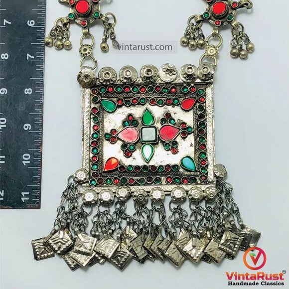 Ethnic Afghan Tribal Necklace, Handcrafted Afghan Necklace with Red and Green - Picture 9 of 11